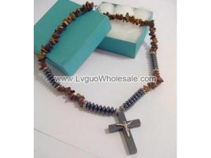 Silver Jesus Hematite Cross Pendant Tiger Eye Chip Stone Beads Choker Necklace